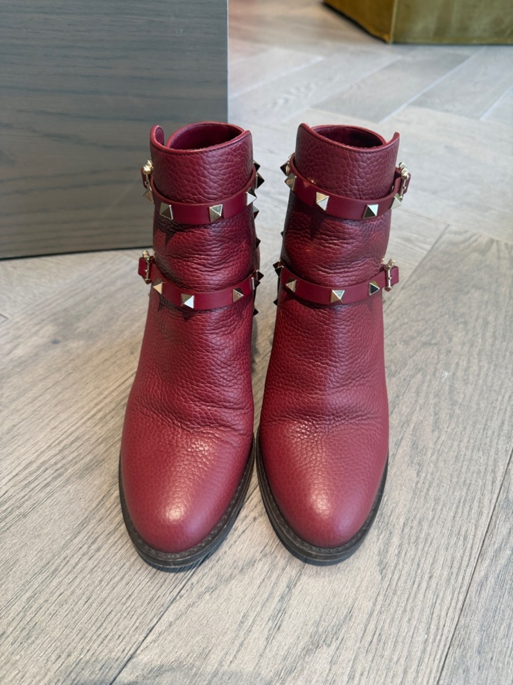 Valentino Garavani Burgundy Pyramid-Stud Leather Ankle Boots